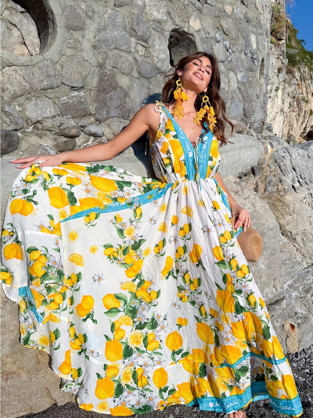 Antica Sartoria 2026 White V neck V back Lemon-Print Maxi Dress NWT O/S